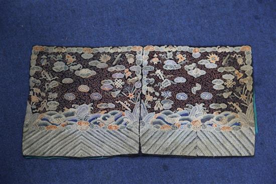 A group of Chinese late Qing dynasty embroidered panels including a Mandarin square